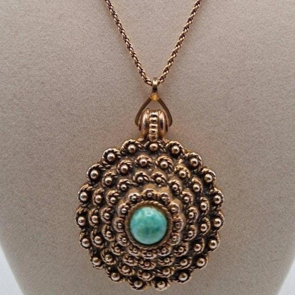 Vintage Callejero perfume locket with blue stone 24kt gold filled rope chain